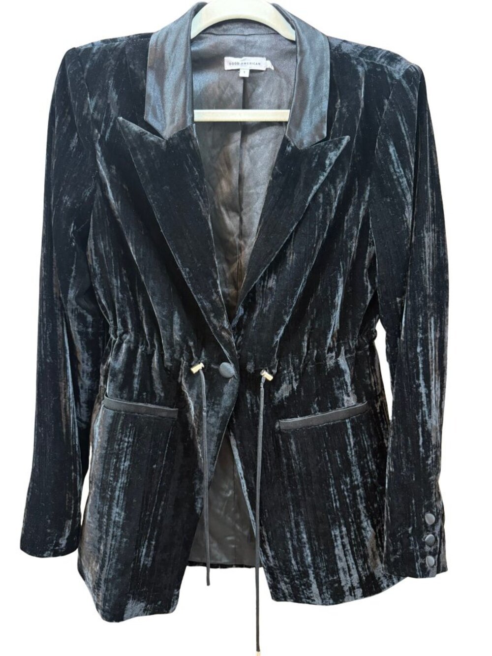 Good American Cinched Black Crushed Velvet Tuxedo Blazer Size 1 Small